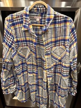 Merona Gray Plaid Shirt with Blue & Yellow Accents